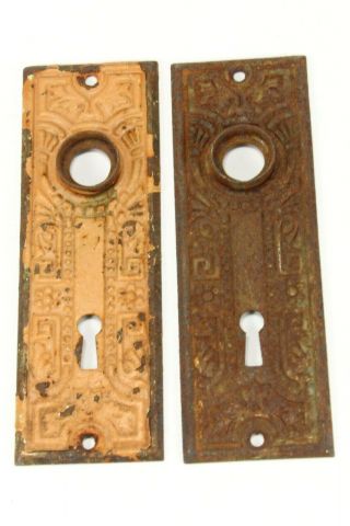 Pair Vintage Antique Eastlake Skeleton Key Door Knob Back Plates 5 1/2 "