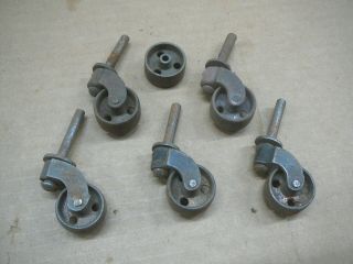 Set Of 5 Antique Cast Iron Furniture Caster Wheels 2 - 3/4 " Tall - 1 - 1/16 " Wheels