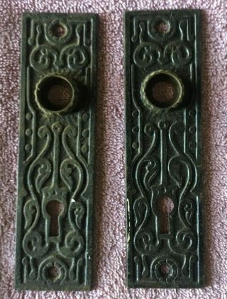Pair Vintage Eastlake 5 3/8 " Door Knob Back Plates Antique Skeleton Key