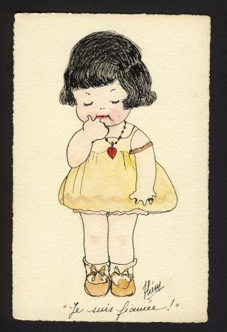 Hand Drawn Ink / Watercolor - Little Girl Sucking On Her Finger - Artist Signed