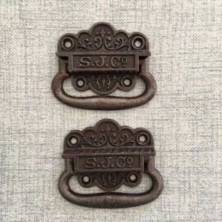 2 Old Cast Iron Drawer Bin Pulls Handles - S.  J.  Co.  - Vintage Trunk Handles