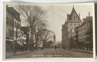 1909 Ny Real Photo Postcard Rppc Albany York Washington Ave Trolley Stores