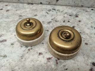 2 Vintage Round Brass And Vitreous China Dolly Light Switch Tucker Telac