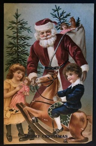 Long Robe Santa Claus With Children Toys Rocking Horse Christmas Postcard - - S548