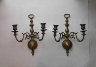 Antique Solid Brass Ball Wall Sconces Pair Colonial Vintage Double Candle Holder