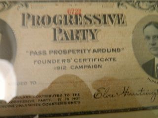 1912 Progressive Party Founders ' Certificate Theodore Roosevelt Hiram Johnson 3