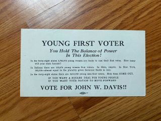 1924 John W.  Davis For President Young First Voters Campaign Flier