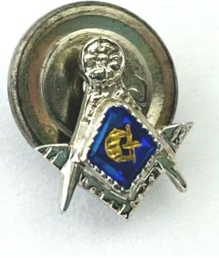 Vintage Masonic Master Mason Blue Lodge 14k White Gold Ruler Compass Tie Tack