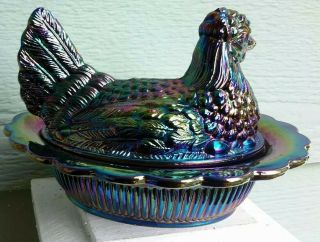 Vintage Mosser Carnival Glass Hen On Nest Covered Dish Marked Lovely 7 " X4 1/3 "