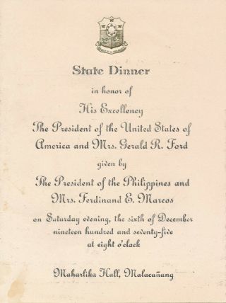 Ferdinand & Imelda Marcos - Memorabilia From Their State Dinner For Pres.  Ford