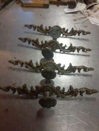 4 Vintage Brass Ornate Handles Knobs Backplates Burnished Pulls 6 " Bd2