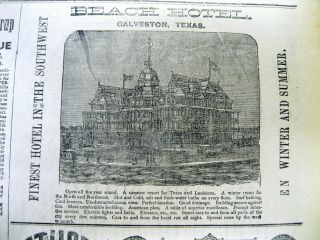 1885 Dallas Texas Newspaper W Large Illustrated Ad For The Beach Hotel Galveston