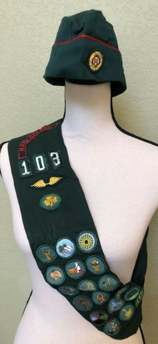 Vintage Girl Scouts Green Garrison Cap And Sash With Badges