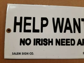 HELP WANTED NO IRISH NEED APPLY Porcelain Sign Salem Massachusetts Segregation 2