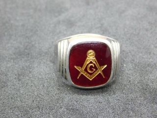 Vintage Masonic Uncas Sterling Silver Mason Red Stone Gold Emblem Ring 9.  5