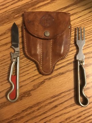 Vtg Boy Scouts Mess Utensil Set Geo Schrade Knife Co Leather Case C1942