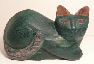 Large Folk Art Carved Painted Wooden Cat Figure Statue 11 " Long,  5 Lbs