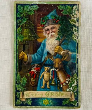 Antique Embossed Christmas Postcard - Santa Claus In Blue Suit - 1913
