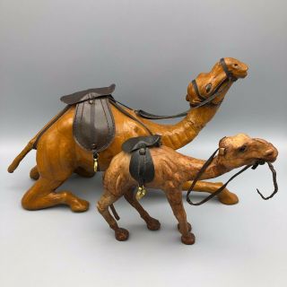 Vintage Leather Camel Figurines Seated And Standing 14.  5 And 8.  5 Inch