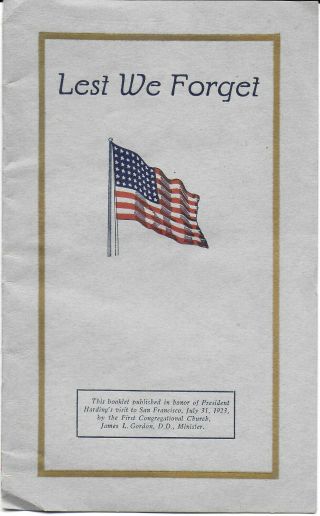 1923 Booklet For President Harding’s Visit To Sf Church – Cancelled By His Death
