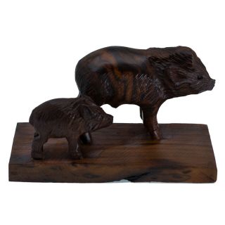 Unique Hand Carved Ironwood Javelina With Baby Figurine Wood Carving 5.  25 " Long