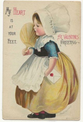 Postcard Valentine Clapsaddle My Heart Is At Your Feet Wolf No.  108 Girl W/ Fan