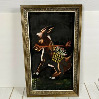 Vintage Donkey Painting On Velvet Framed 13.  5 X 22.  5 Paint Flecked Black Frame