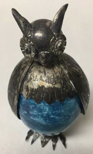 Vintage Silverplate Owl Sculpture Statue Figure W/carved Stone Egg Body