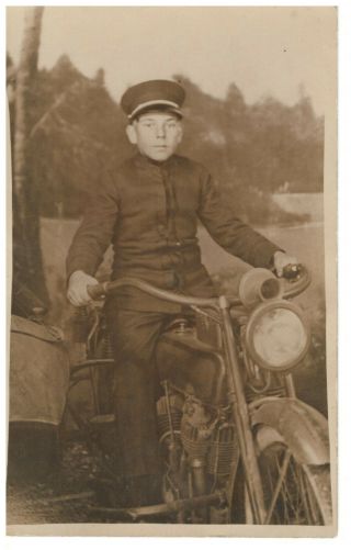 Rppc Postcard Young Boy Riding Harley Davidson Flathead Motorcyle 1901 - 1910