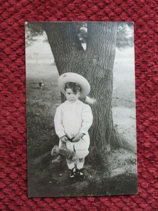 Antique Rppc Edwardian Adorable Boy Child Hat Jointed Teddy Bear Postcard Steiff