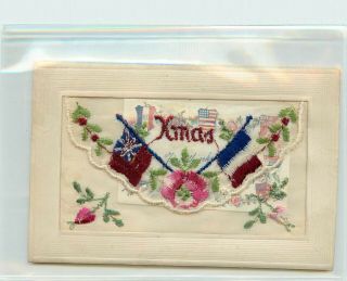 Silk Embroidered Xmas Postcard Wwi Allied Flags Souvenir Of France,  Card Inside