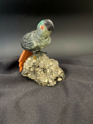 Vintage Brazilian Hand Crafted Sodalite Blue Parrot On A Pyrite Base
