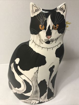 Cats By Nina Lyman Hand Painted Ceramic Black And White Cat Vase/door Stop 11.  5 "
