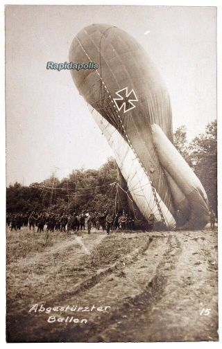 Antique Wwi German Military Postcard Crashed Barrage Balloon Fesselballon Rppc
