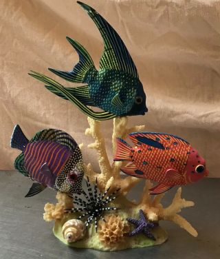Nature Crafts 3 Carved Wood Angel Fish W Sea Urchin Starfish On Coral Figurine