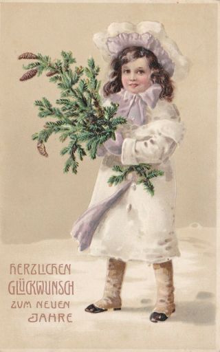 Lovely Girl In White Fur Trim Suit Carrying Fir Branch Early Chromo