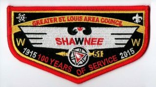 Boy Scout Oa 51 Shawnee Lodge 2015 Centennial Red Border Yellow Banner Flap