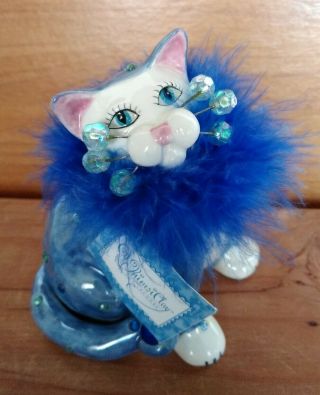 Amy Lacombe Whimsiclay Lucie Glamour Puss Sapphire Blue Rhinestones Feather Boa