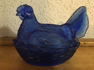 Vintage Cobalt Blue Hen On A Nest Dish