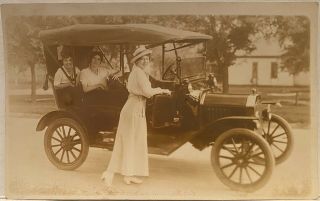 Real Photo Rppc Pretty Woman At Door Of Model T Ford Auto W Friends In Back Seat