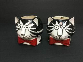 2 Vintage Figural Kliban Cat With Red Bow Tie Mugs Cups Pair