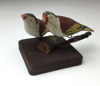 Vintage Pair Folk Art Hand Carved Hand Painted Birds On Branch