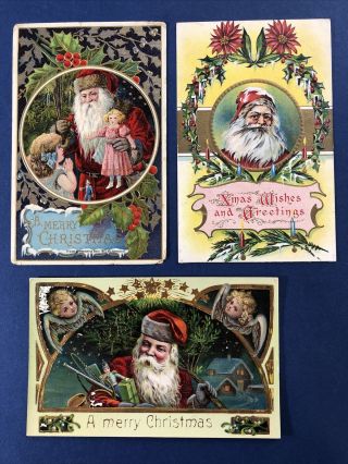 Set 3 Santa Christmas Antique Postcards.  Publ Barton & Spooner.  Emb & Gold