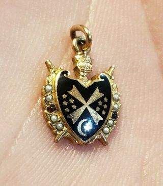 Rare Vintage 10 Kt Gold Filled Masonic Order Of Demolay Seed Pearl Ruby Pendant