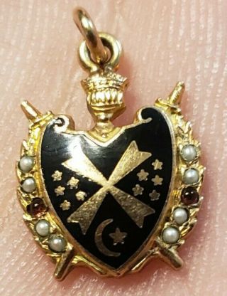 RARE VINTAGE 10 KT GOLD FILLED MASONIC ORDER OF DEMOLAY SEED PEARL RUBY PENDANT 2