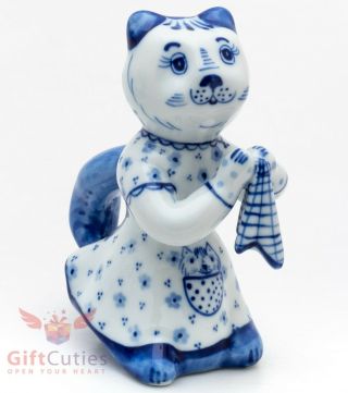 Gzhel Handpainted Porcelain Figurine Of Lady Cat With Handkerchief