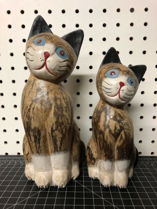 Cat Figurines Sculptures Wood Hand Painted 9.  5” & 8”