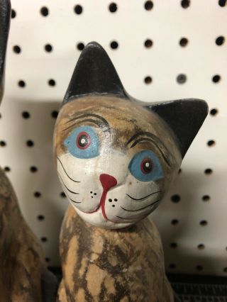 Cat Figurines Sculptures Wood Hand Painted 9.  5” & 8” 3