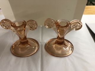 Vintage Pair Pink Depression Glass Candle Holders Art Deco