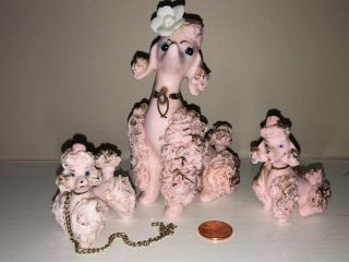Vintage Pink Poodle Dog Ceramic Figurine Set Spaghetti Mom 2 Baby Pups Adorable